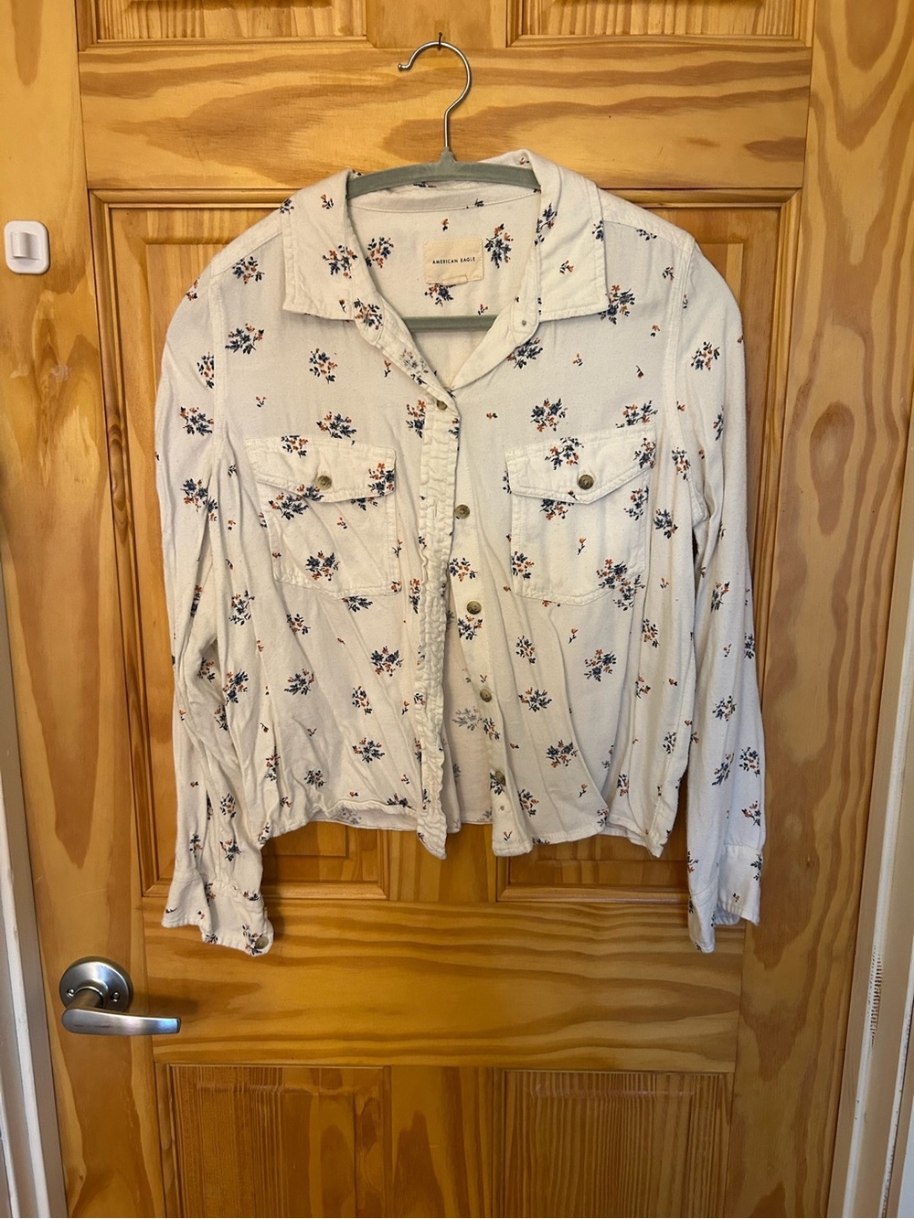 American Eagle White Shirt with Navy and Rust Floral Print